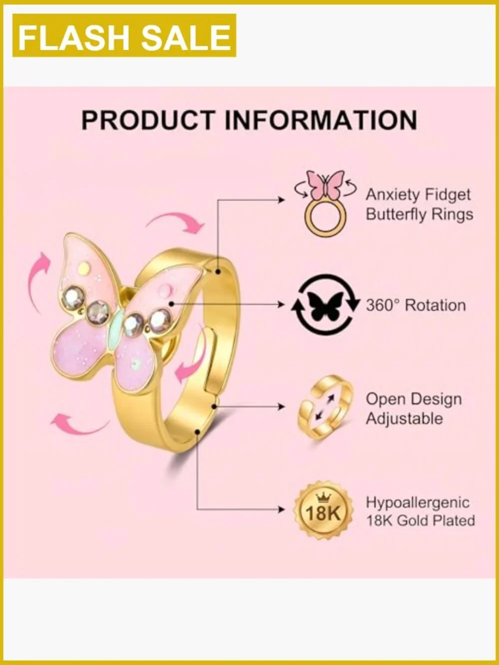 Adjustable 18K Gold Plated Fidget Spinner Ring for Focus and Anxiety Relief